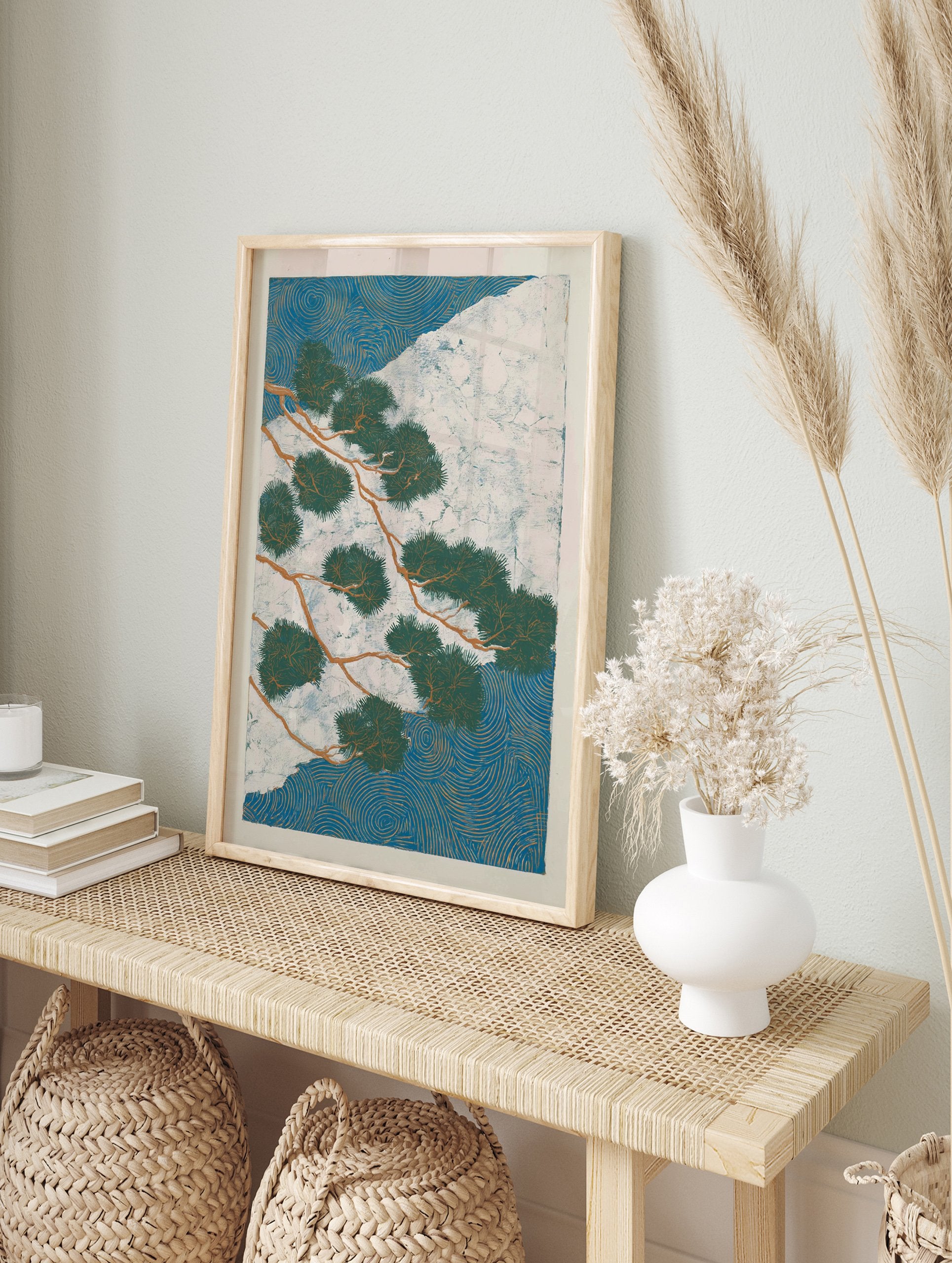 Japanese Pine Tree Poster depicting green branches over a white mountain and blue swirling water patterns. - Image 4