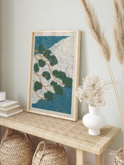 Japanese Pine Tree Poster depicting green branches over a white mountain and blue swirling water patterns. - Image 4