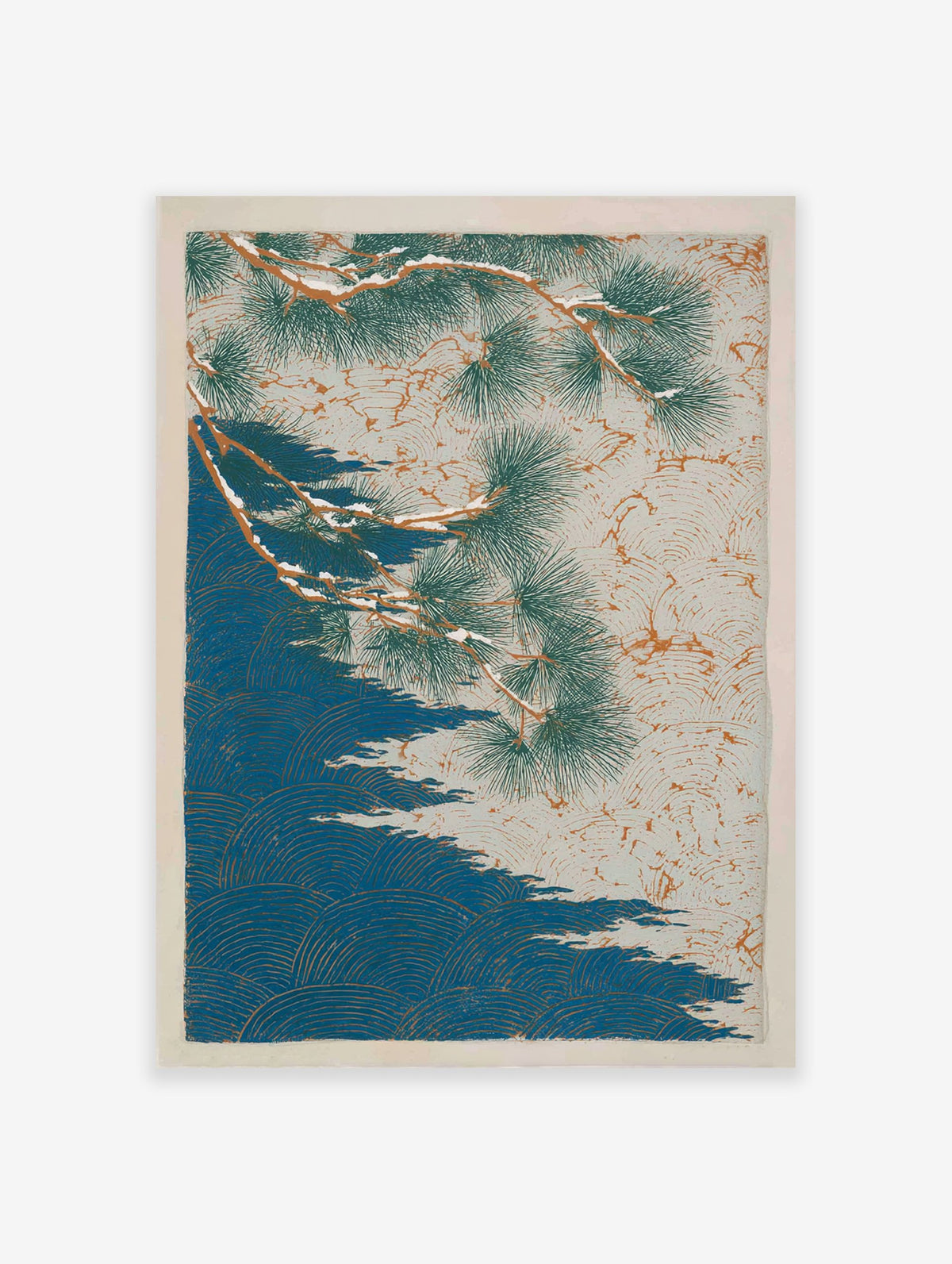Japanese pine tree poster with snow-covered branches and blue wave patterns, inspired by traditional woodblock art.