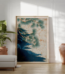 Japanese pine tree poster with snow-covered branches and blue wave patterns, inspired by traditional woodblock art. - Image 3