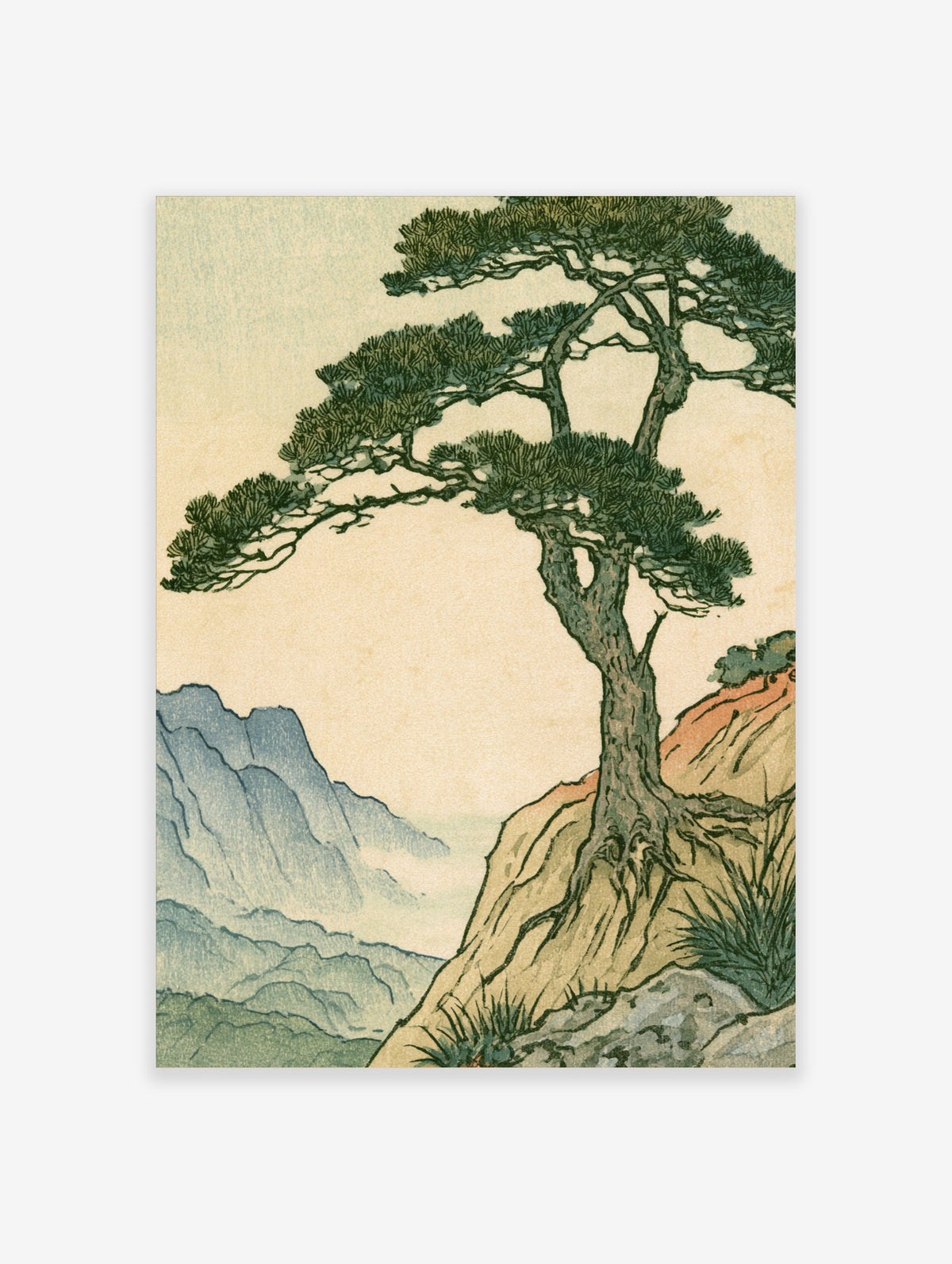 Japanese pine tree on rocky ledge with blue mountain ridges, ukiyo-e landscape art print