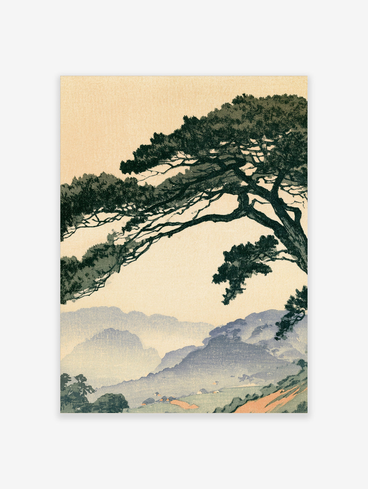 Japanese pine tree branches over misty blue mountains in a ukiyo-e landscape poster