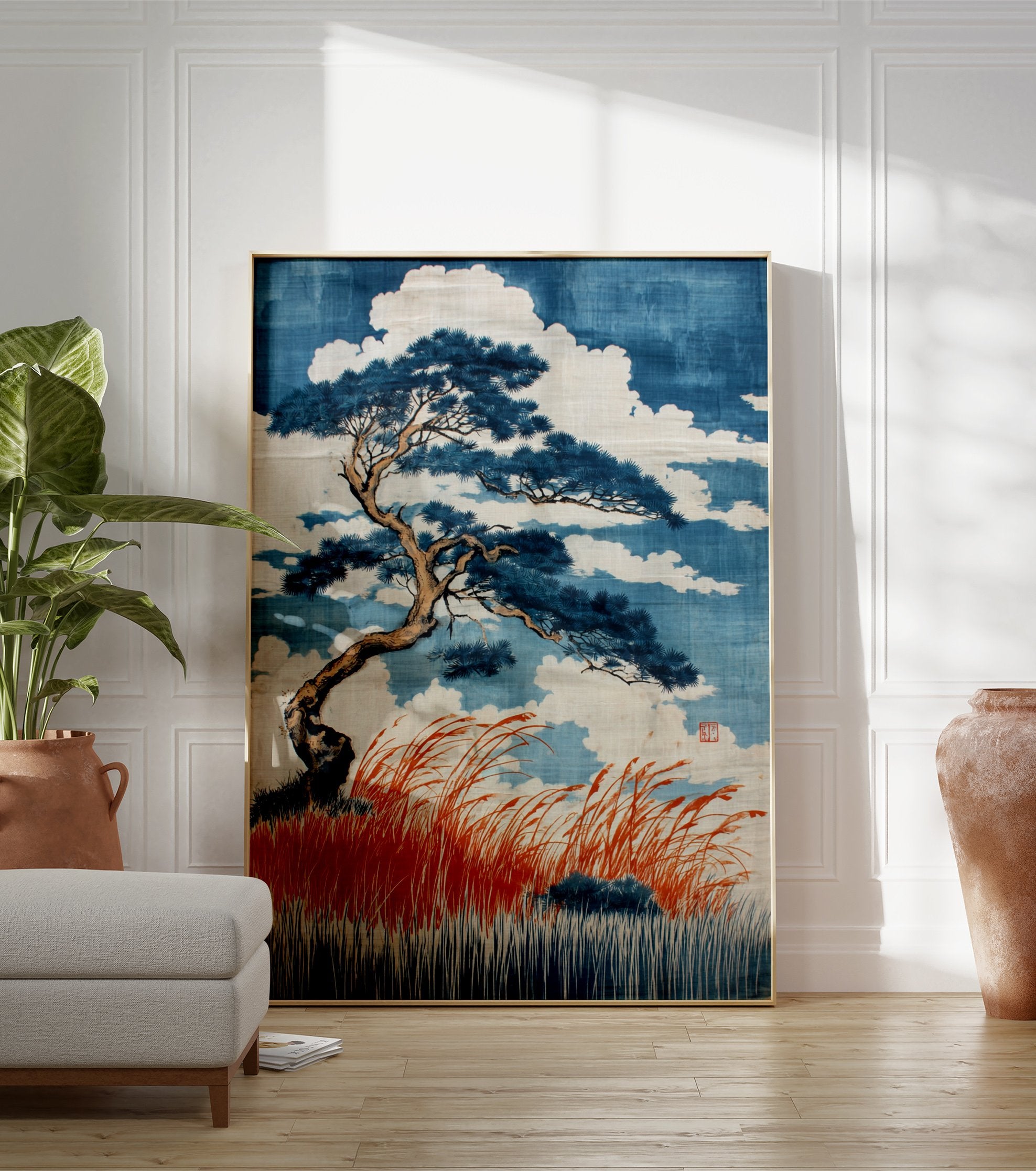 Japanese Pine Tree Poster featuring a blue pine tree, red grass, and white clouds in Ukiyo-e art style. - Image 3