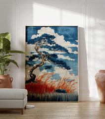 Japanese Pine Tree Poster featuring a blue pine tree, red grass, and white clouds in Ukiyo-e art style. - Image 3