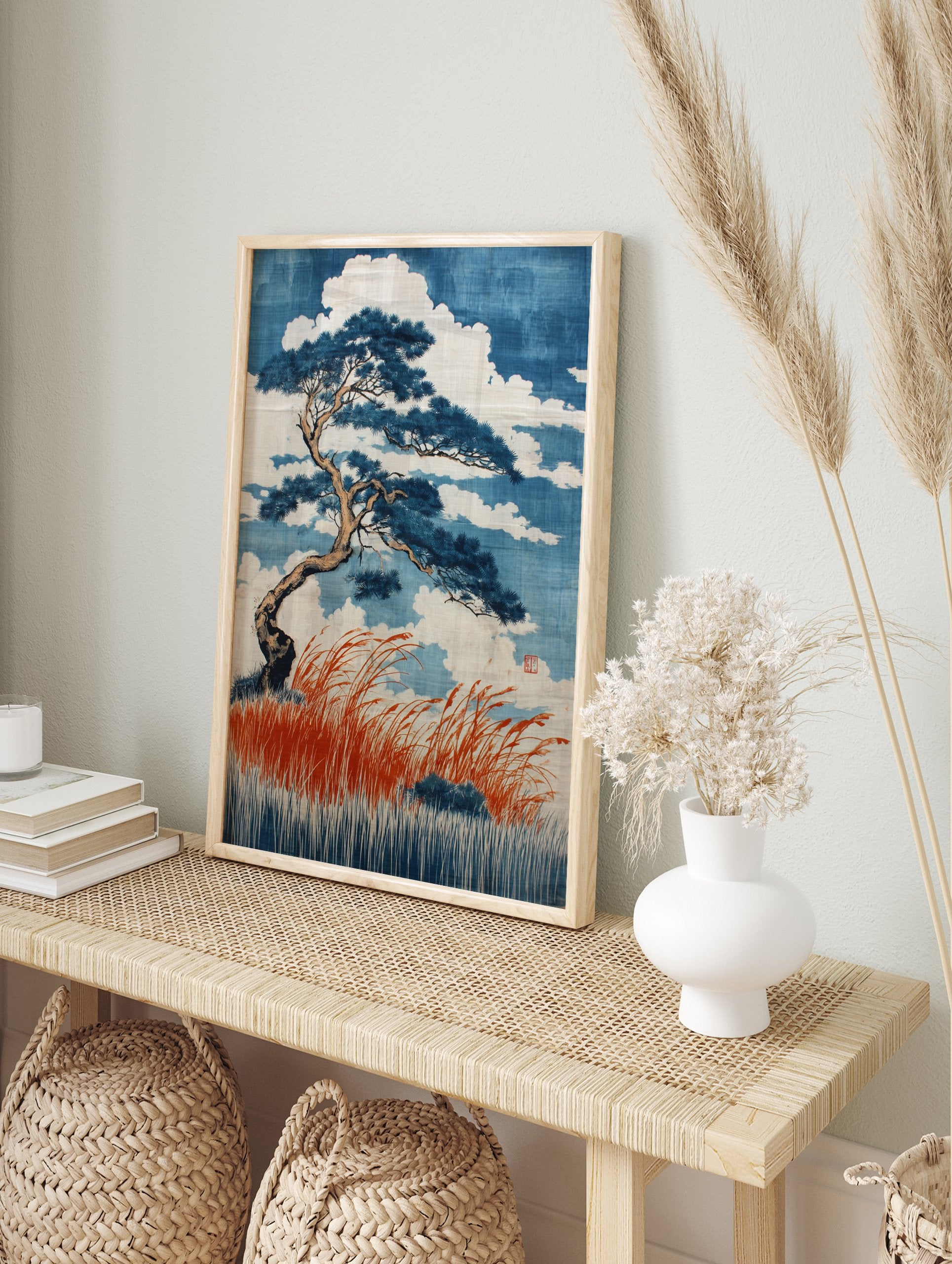 Japanese Pine Tree Poster featuring a blue pine tree, red grass, and white clouds in Ukiyo-e art style. - Image 4