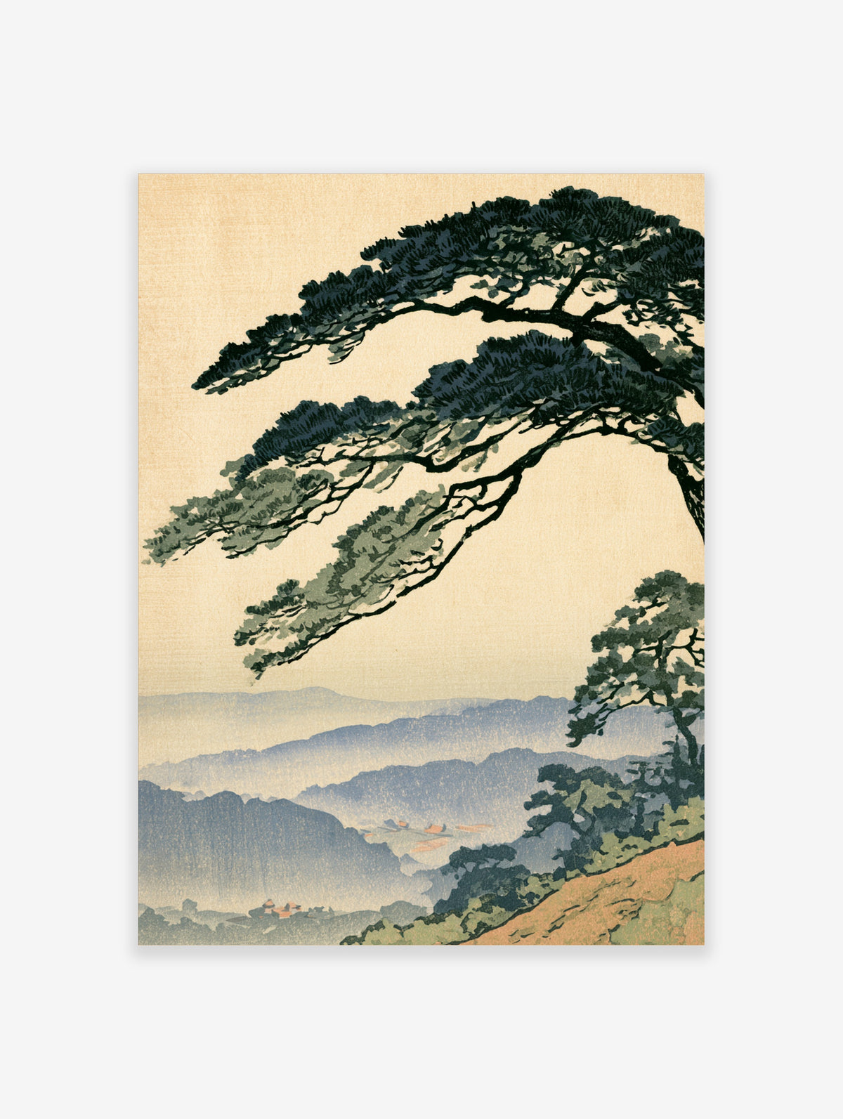 Japanese pine tree branch over blue misty mountains and village, woodblock landscape art print