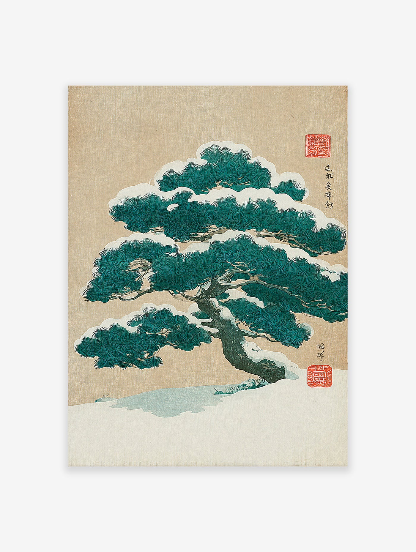 Traditional Japanese woodblock print featuring a snow-covered pine tree on a beige background, with red seals and text.