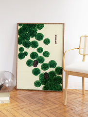 Traditional Japanese pine tree botanical illustration wall art with green needles and maroon pine cones on a cream background. - Image 2