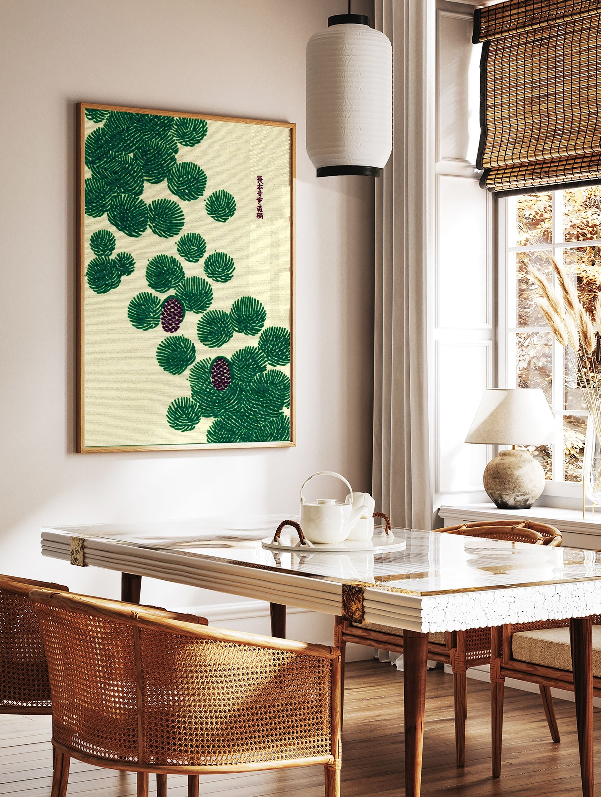 Traditional Japanese pine tree botanical illustration wall art with green needles and maroon pine cones on a cream background. - Image 3