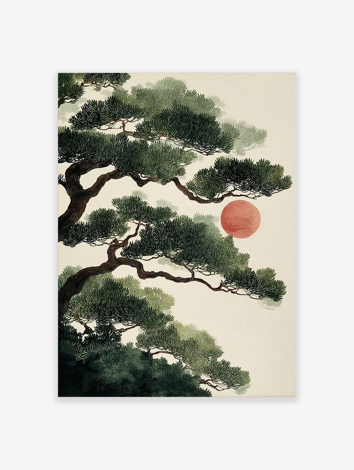 Japanese pine tree art print with green needles, brown trunk, and red sun on beige background