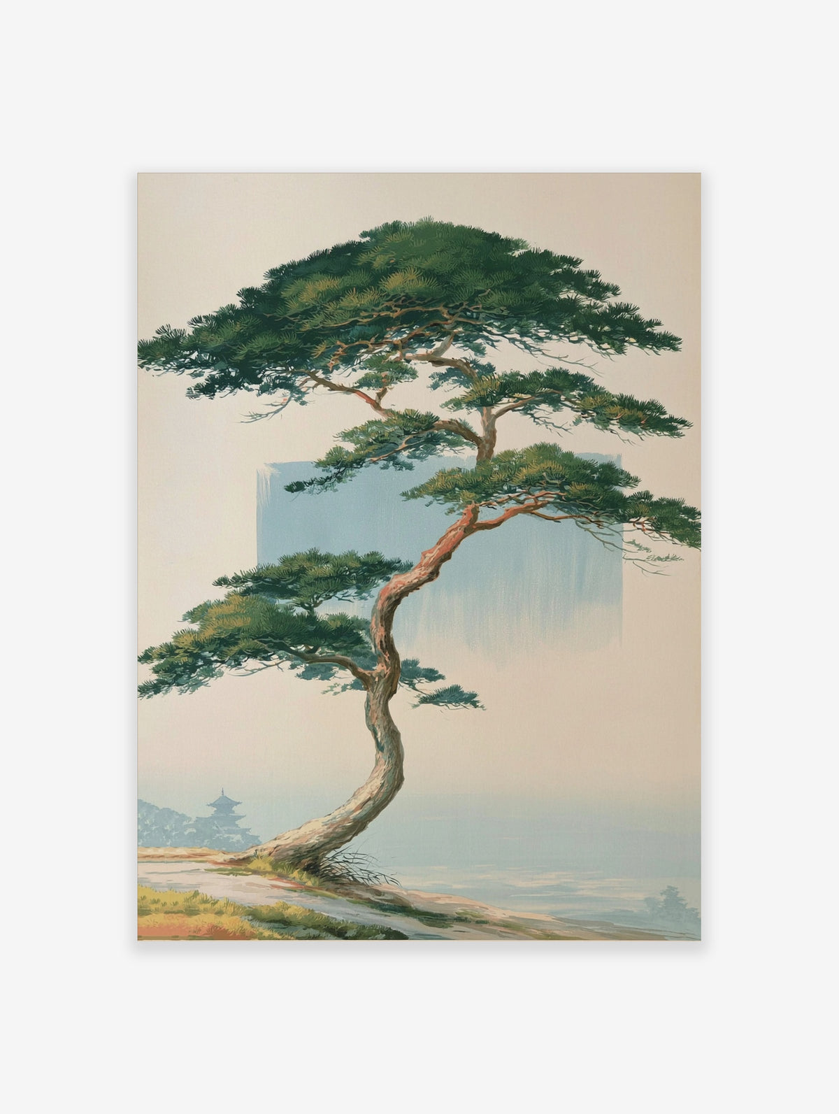 Japanese pine tree poster with leaning trunk, green canopy, pale blue sky, and distant pagoda