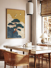 Japanese wall art with a large pine tree, three flying cranes, golden sky, and blue and cream stylized waves. - Image 2