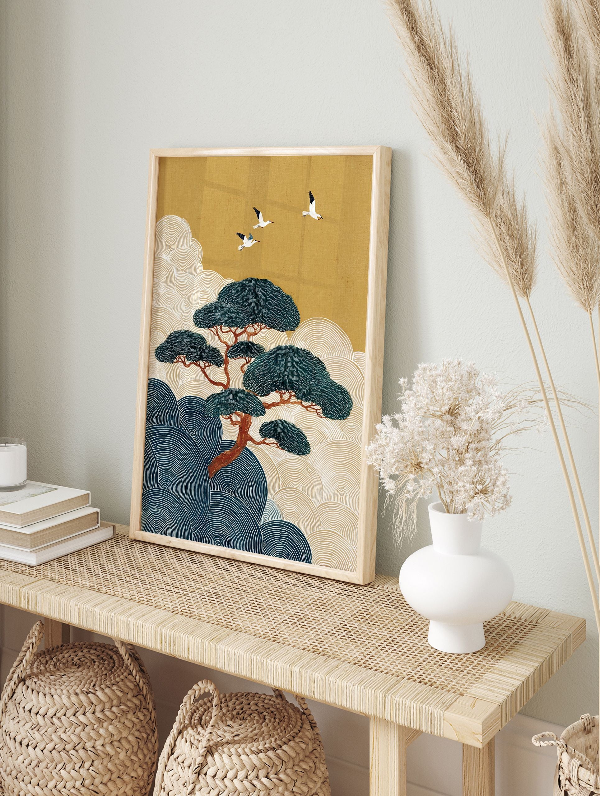 Japanese wall art with a large pine tree, three flying cranes, golden sky, and blue and cream stylized waves. - Image 3