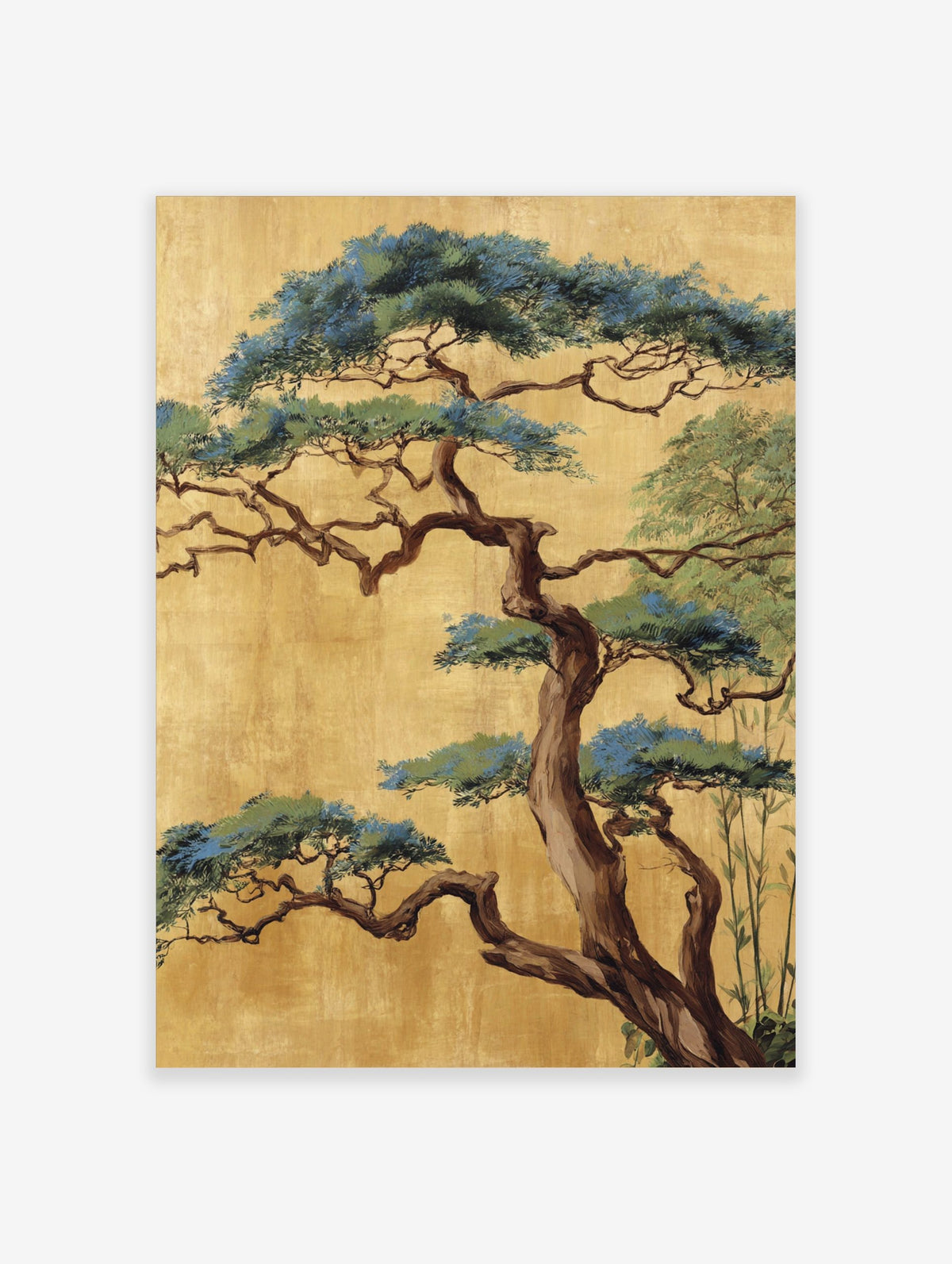 Japanese pine tree with gnarled brown trunk and blue-green foliage on a textured gold background in portrait orientation