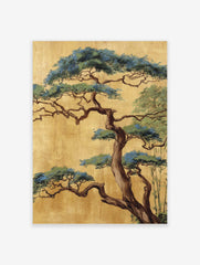 Japanese pine tree with gnarled brown trunk and blue-green foliage on a textured gold background in portrait orientation