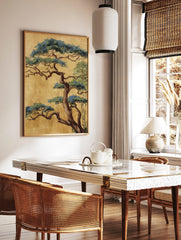 Japanese pine tree with gnarled brown trunk and blue-green foliage on a textured gold background in, in a styled room mockup