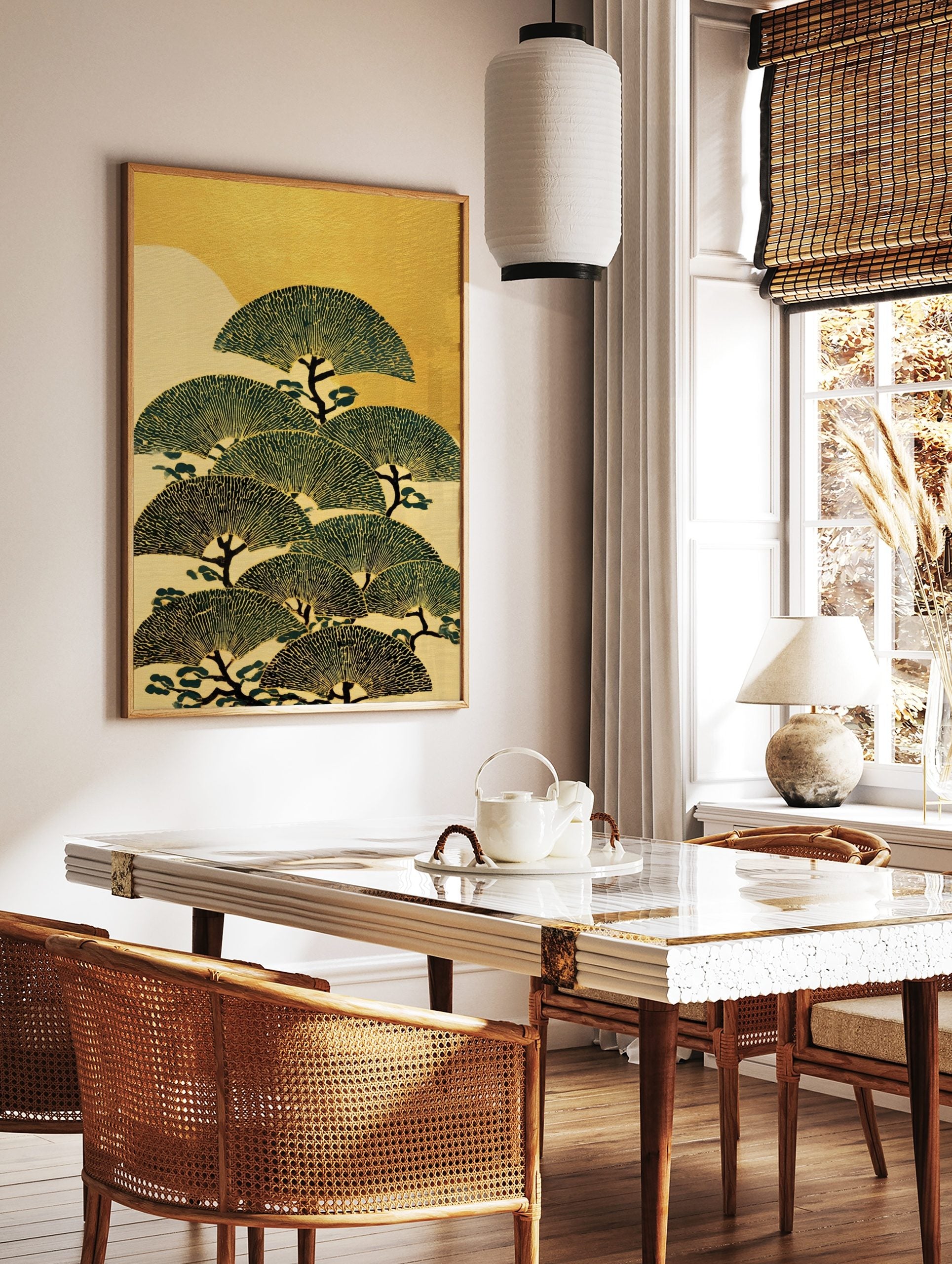 Stylised Japanese pine trees with fan-shaped green foliage and dark trunks against a gold and cream, in a styled room mockup