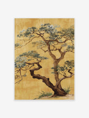 Japanese pine tree illustration with twisted brown trunks and green-blue needles on a gold background