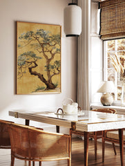 Japanese pine tree illustration with twisted brown trunks and green-blue needles on a gold, in a styled room mockup
