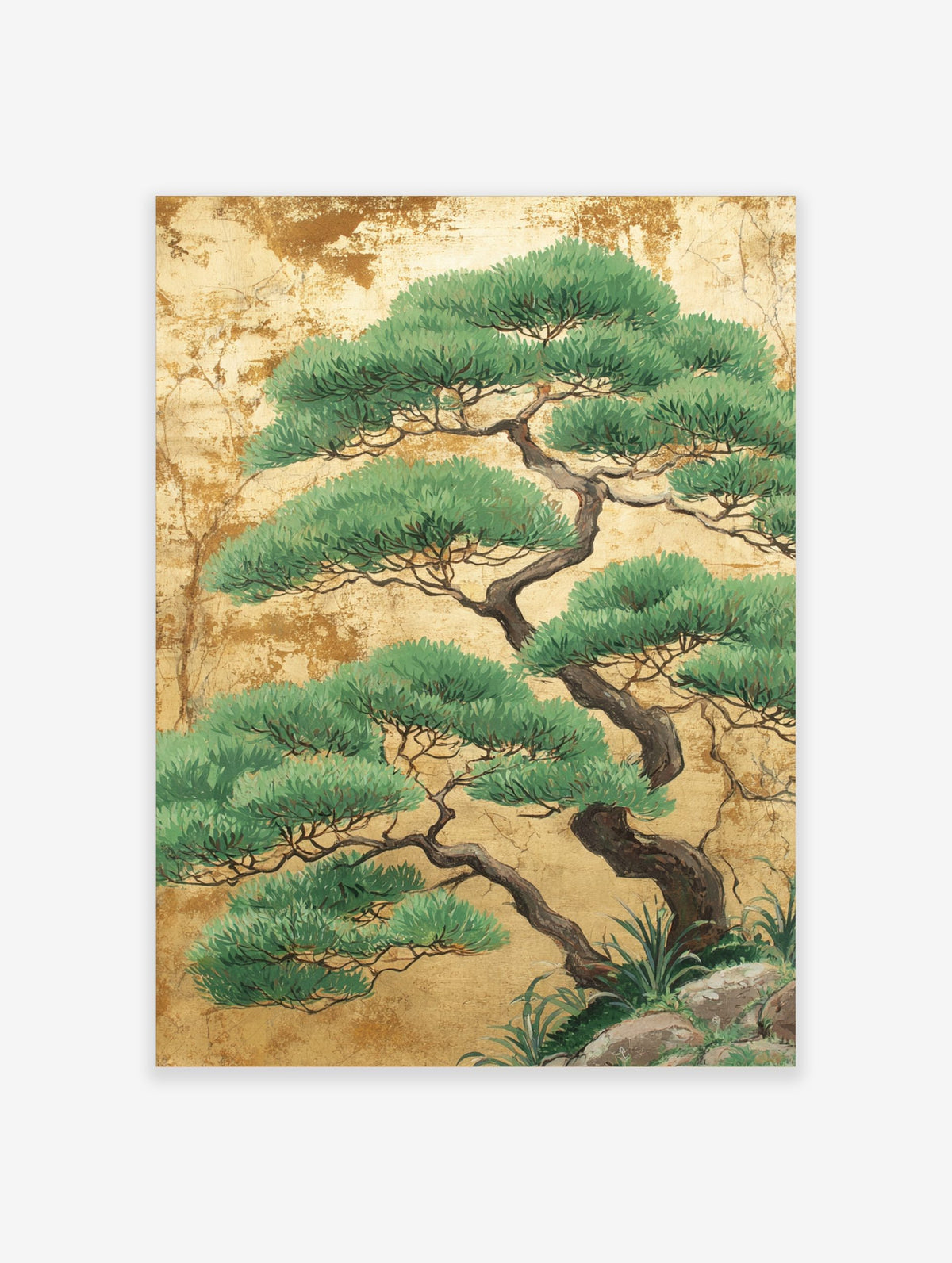 Japanese pine tree illustration with green foliage and dark branches on a textured gold leaf background
