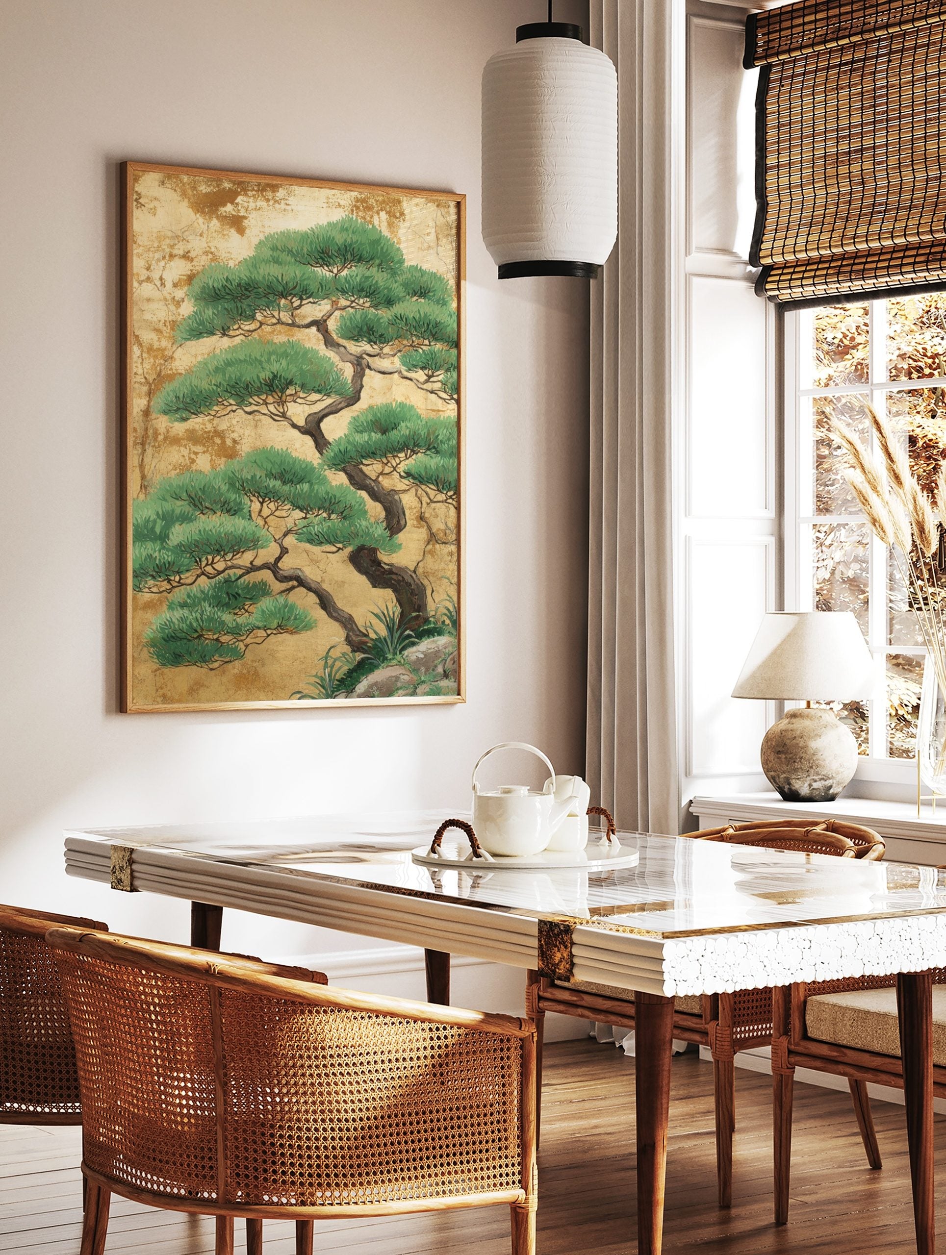 Japanese pine tree illustration with green foliage and dark branches on a textured gold leaf, in a styled room mockup