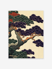 Close-up of a Japanese pine tree with dark purple and green needles on orange-brown branches, illustrative style