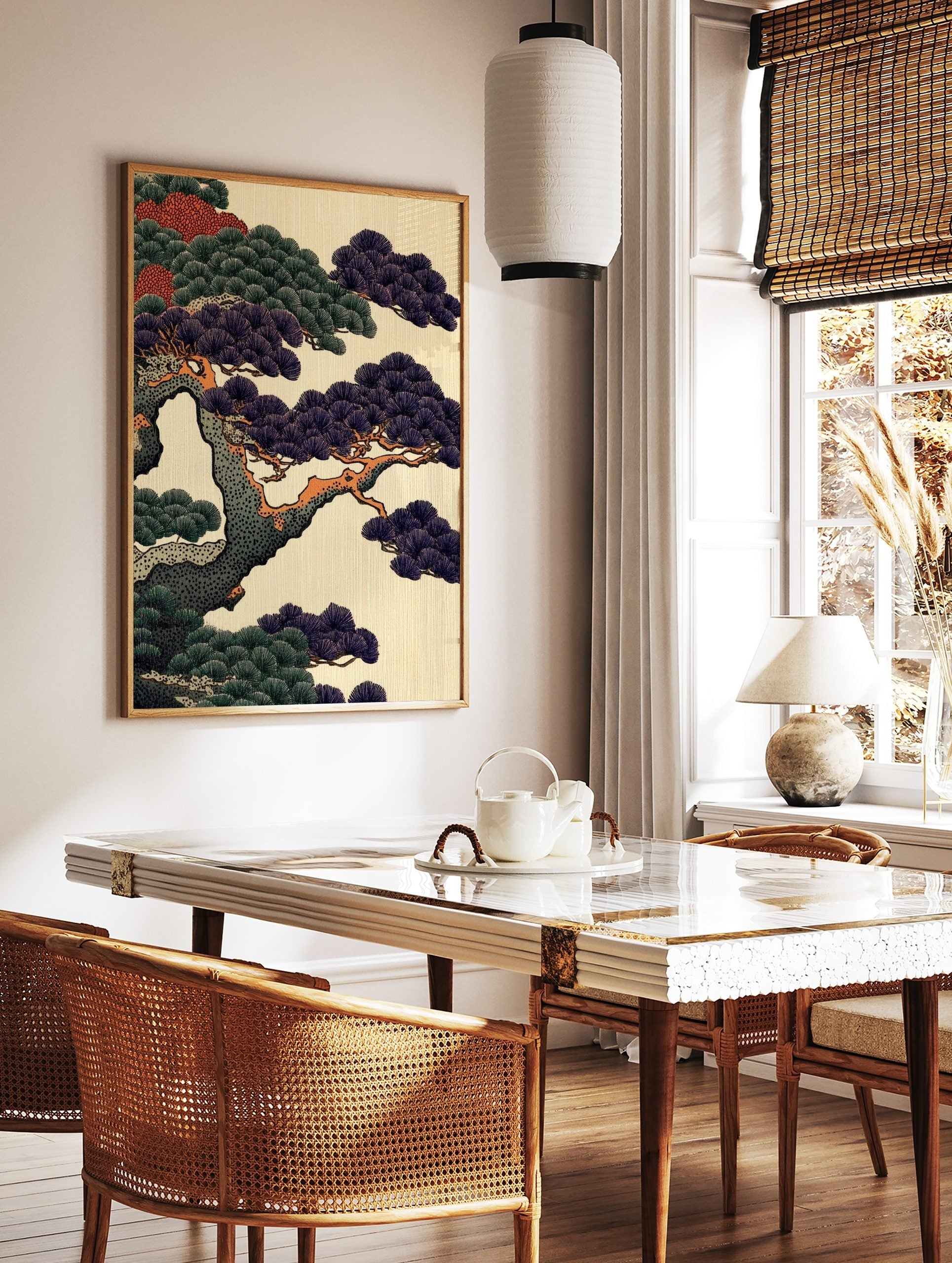 Close-up of a Japanese pine tree with dark purple and green needles on orange-brown branches, in a styled room mockup