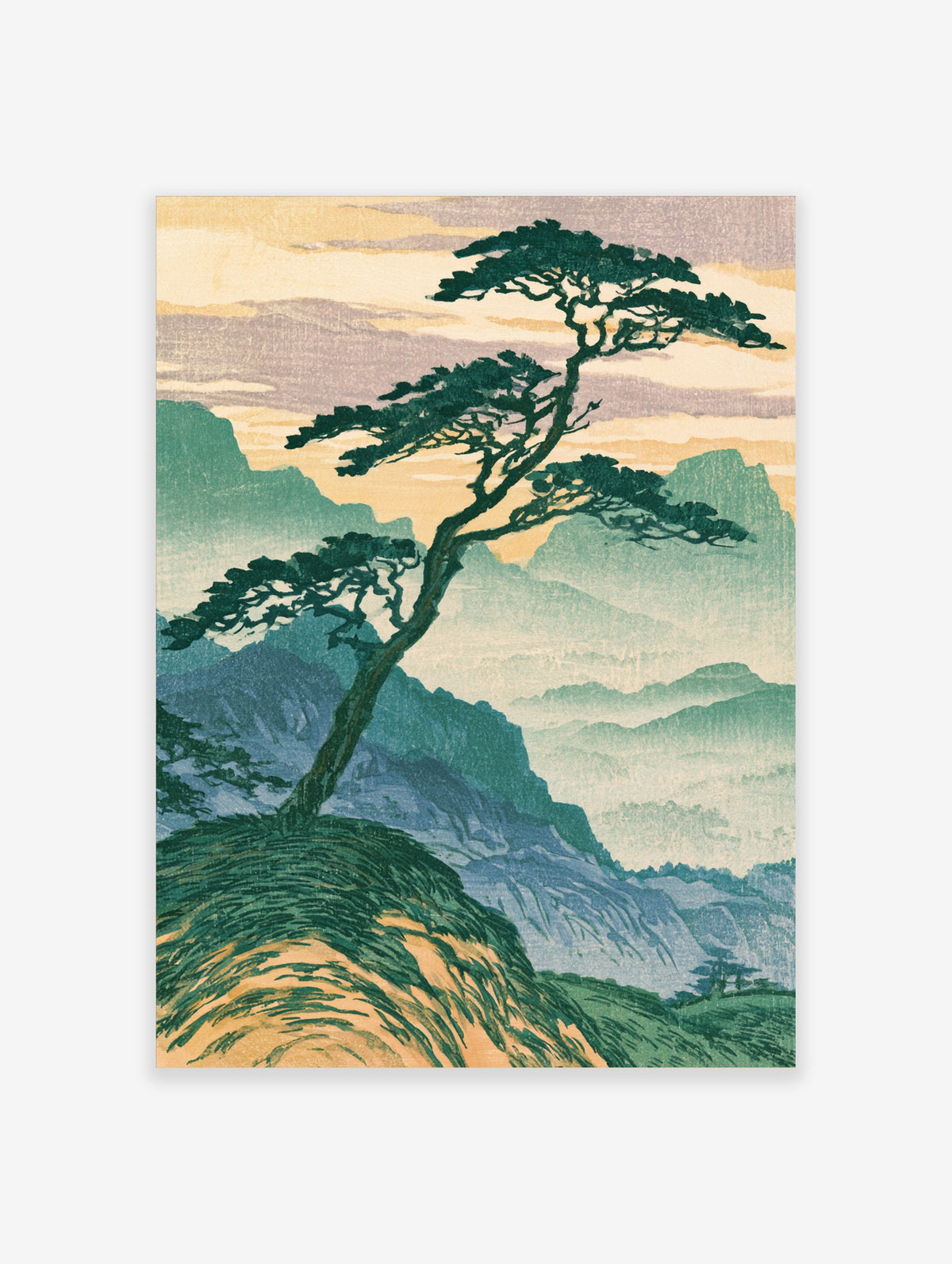 Japanese pine tree leaning over a grassy ridge with blue mountains and peach sky in a vertical landscape print