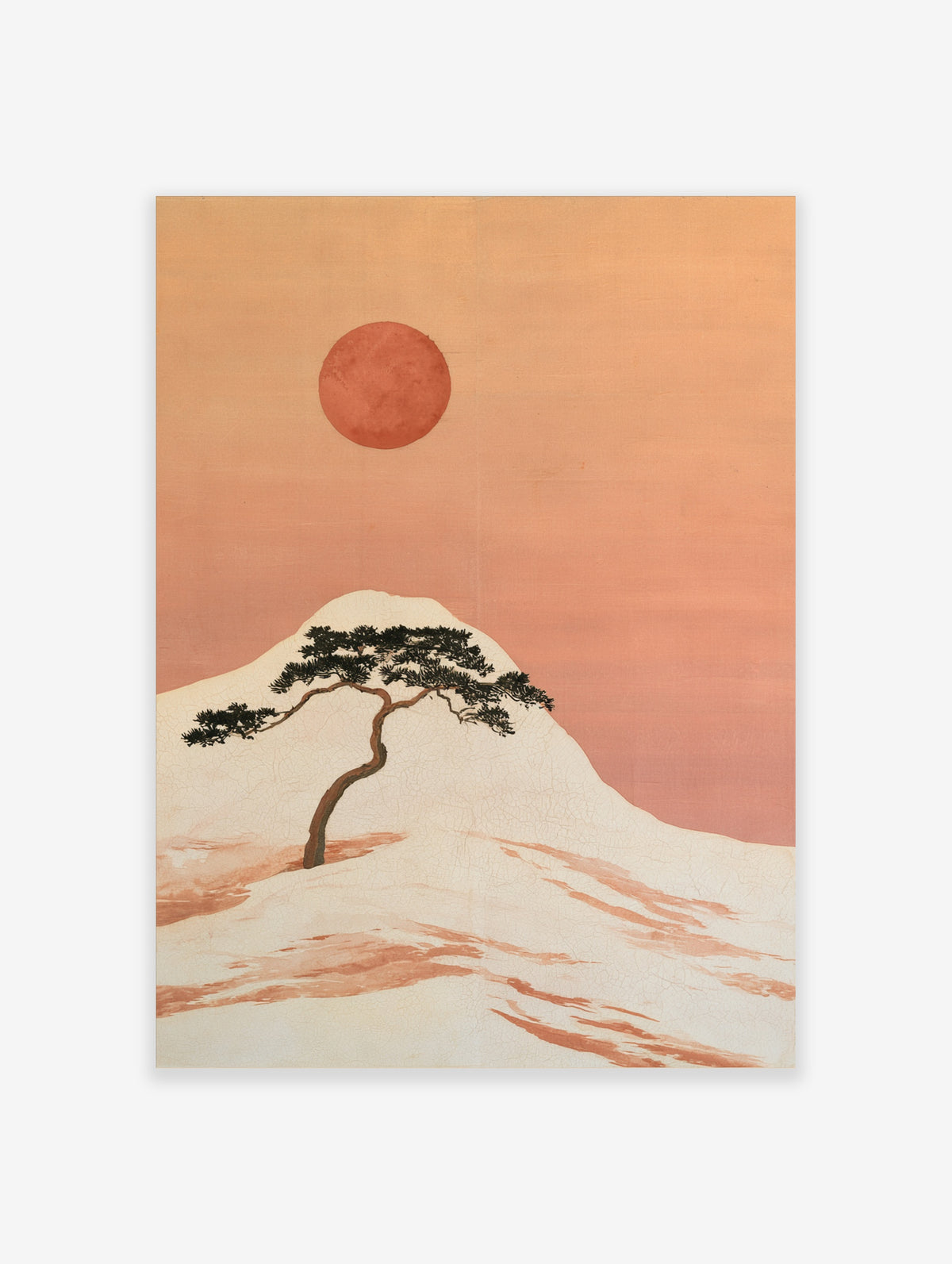 Japanese-style illustration of a pine tree on a hillside with a large red sun in an orange sky