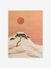 Japanese-style illustration of a pine tree on a hillside with a large red sun in an orange sky