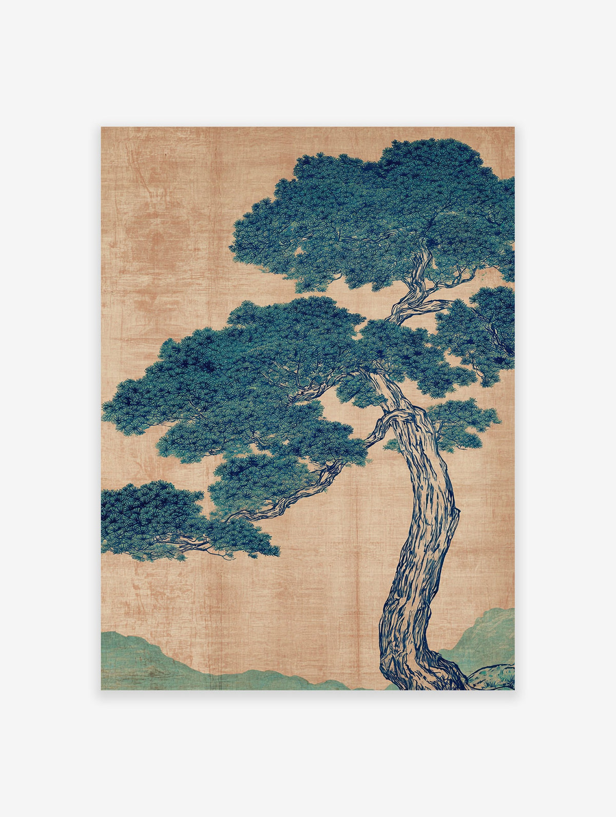 Traditional Japanese pine tree botanical illustration with blue-green foliage and brown textured background.