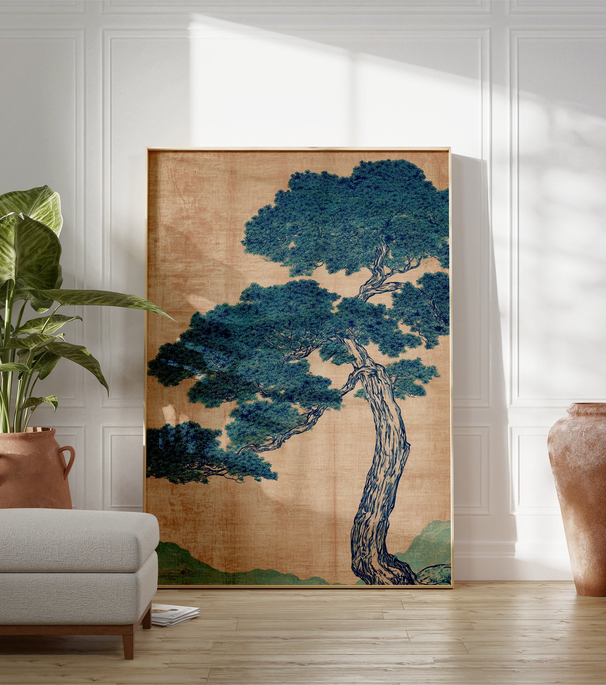 Traditional Japanese pine tree botanical illustration with blue-green foliage and brown textured background. - Image 3