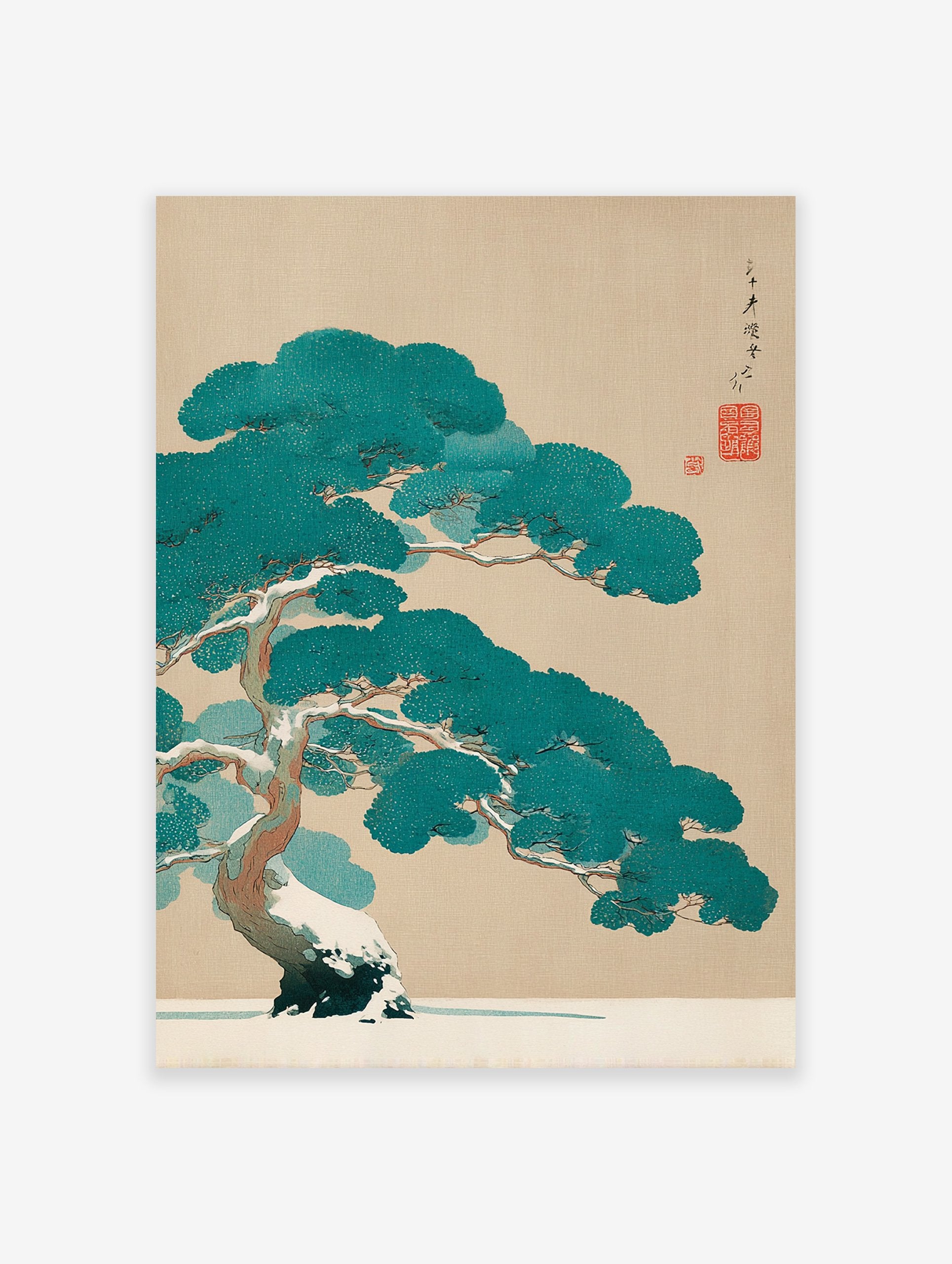 Traditional Japanese pine tree in winter, covered in snow, depicted in a teal and brown art print on a beige background.
