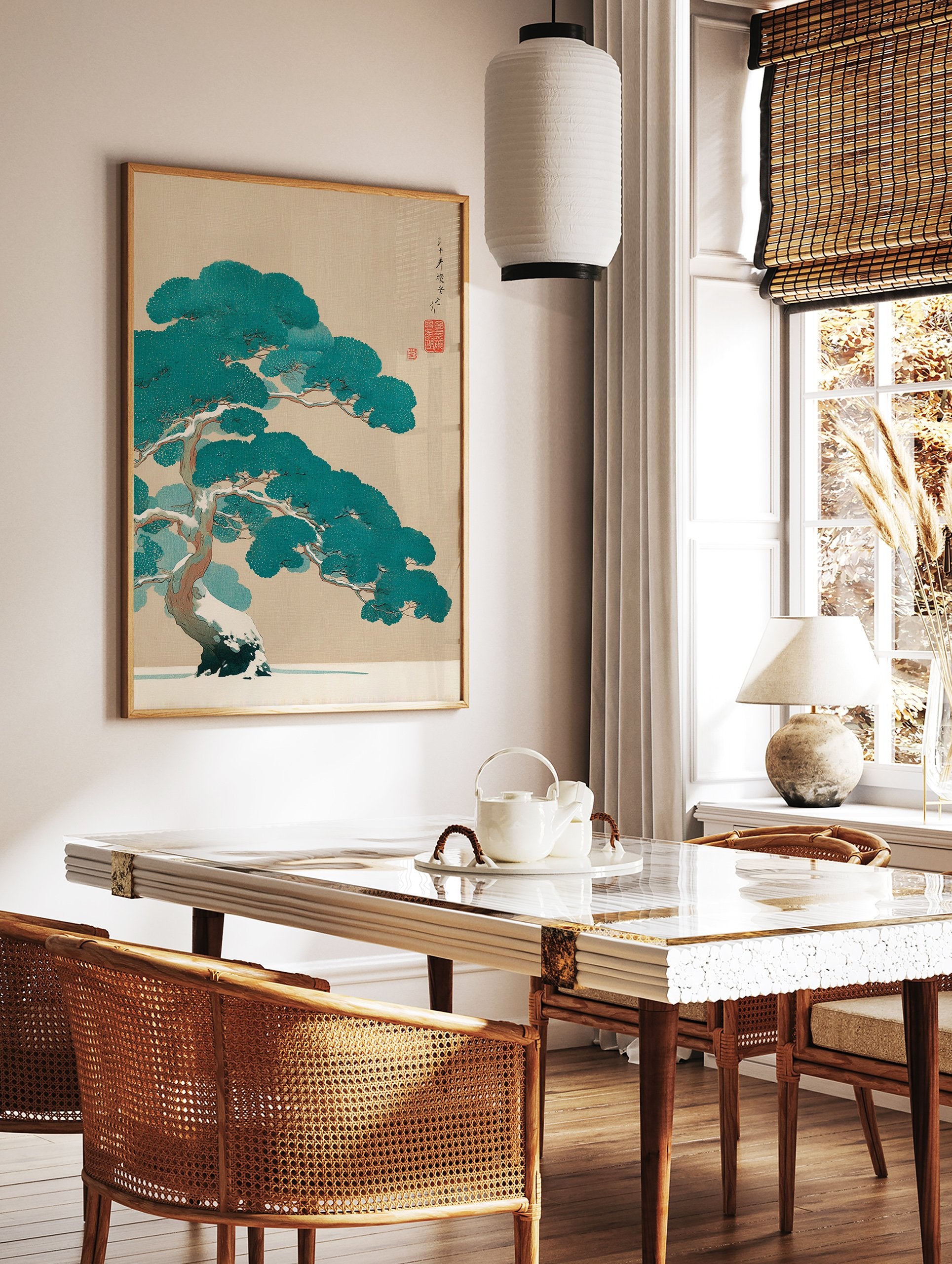 Traditional Japanese pine tree in winter, covered in snow, depicted in a teal and brown art print on a beige background. - Image 2