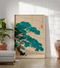 Traditional Japanese pine tree in winter, covered in snow, depicted in a teal and brown art print on a beige background. - Image 3