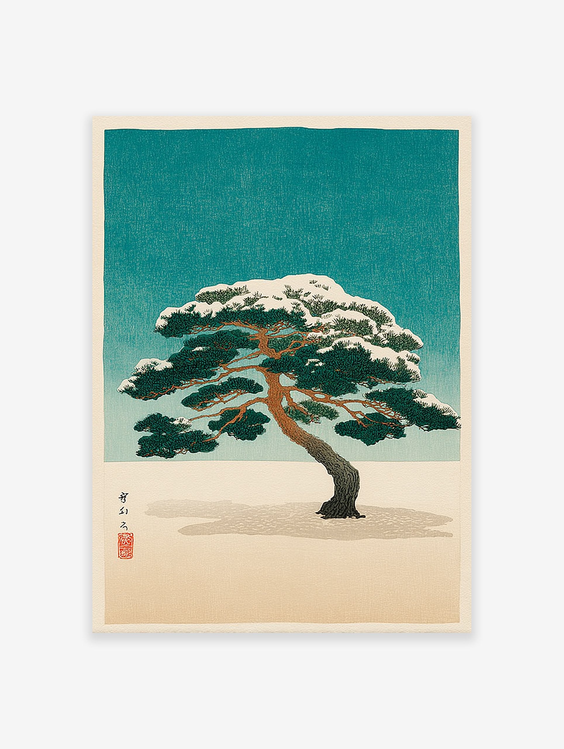 Japanese pine tree woodblock print with snow-covered branches against a teal sky and white ground, featuring a red seal.