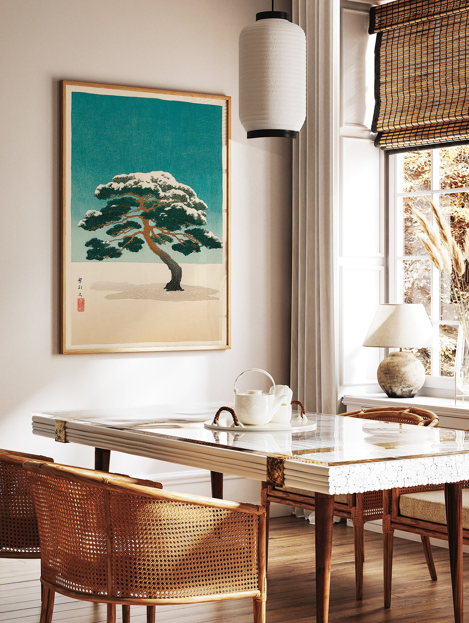 Japanese pine tree woodblock print with snow-covered branches against a teal sky and white ground, featuring a red seal. - Image 2