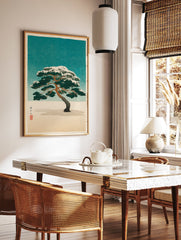 Japanese pine tree woodblock print with snow-covered branches against a teal sky and white ground, featuring a red seal. - Image 2