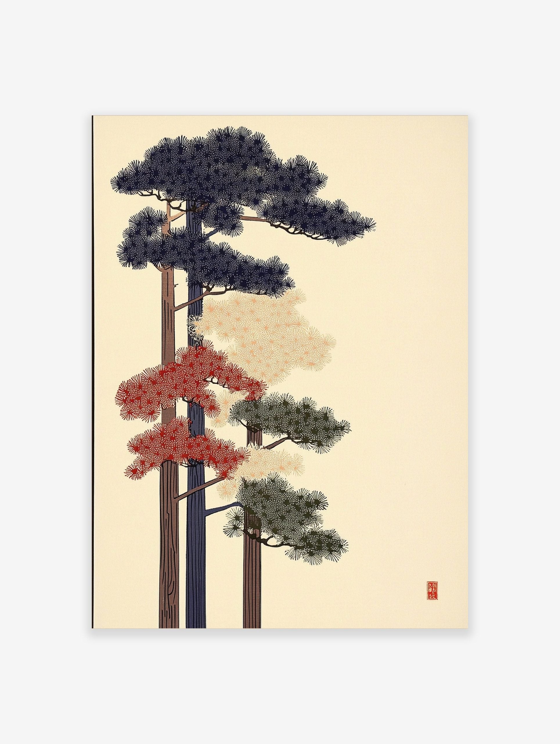 Stylised Japanese pine tree art print with navy, red, and green foliage on a light background