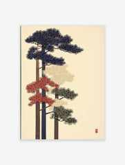 Stylised Japanese pine tree art print with navy, red, and green foliage on a light background