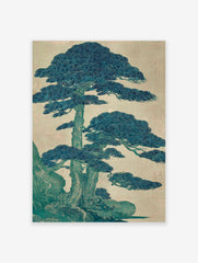 Japanese Pine Tree Wall Art print with intricate teal and blue-green botanical illustration against a light beige background.