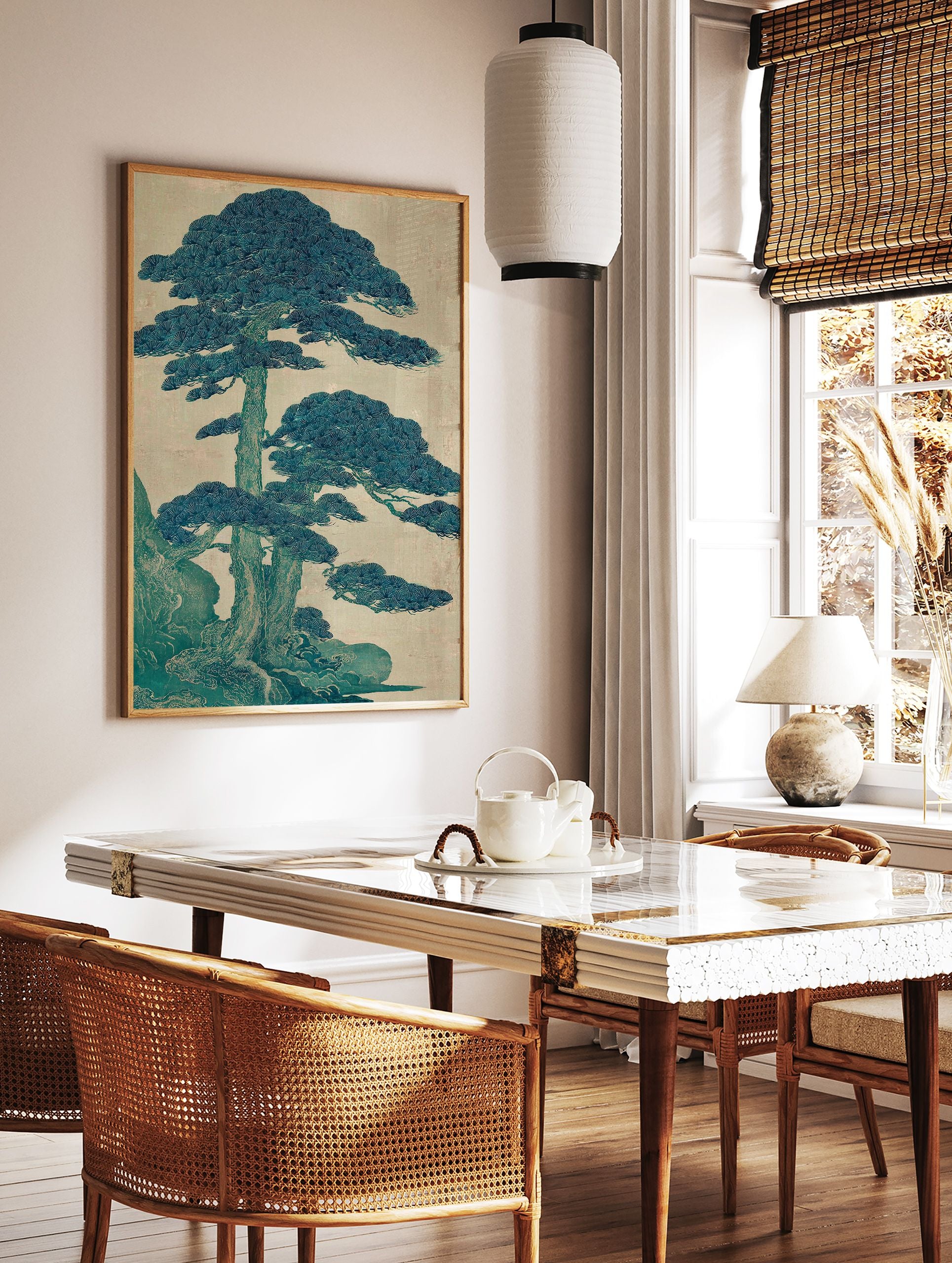 Japanese Pine Tree Wall Art print with intricate teal and blue-green botanical illustration against a light beige background. - Image 2