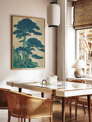 Japanese Pine Tree Wall Art print with intricate teal and blue-green botanical illustration against a light beige background. - Image 2