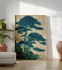 Japanese Pine Tree Wall Art print with intricate teal and blue-green botanical illustration against a light beige background. - Image 3