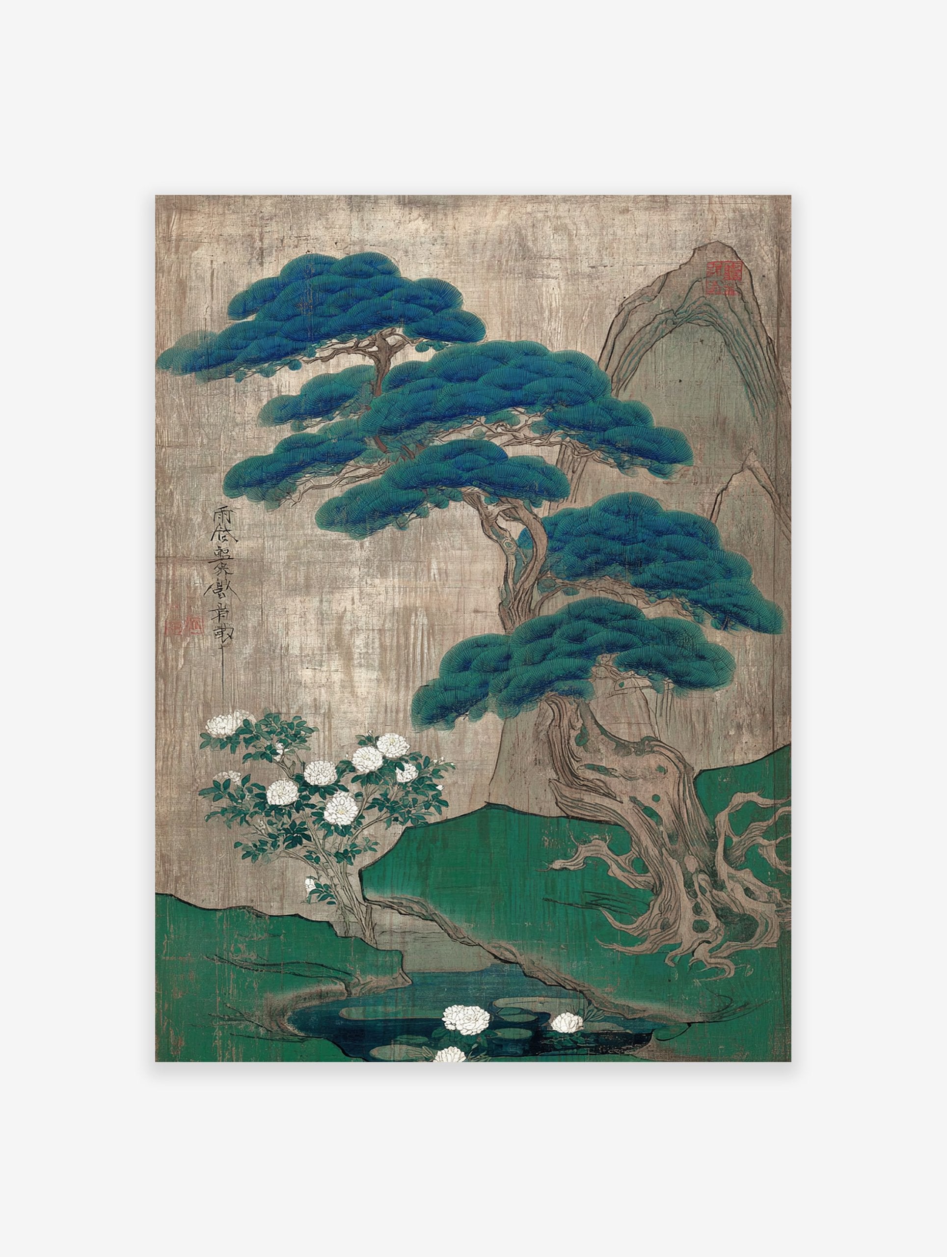 Traditional Japanese pine tree botanical landscape art print with white peonies, pond, and mountains on a textured background.
