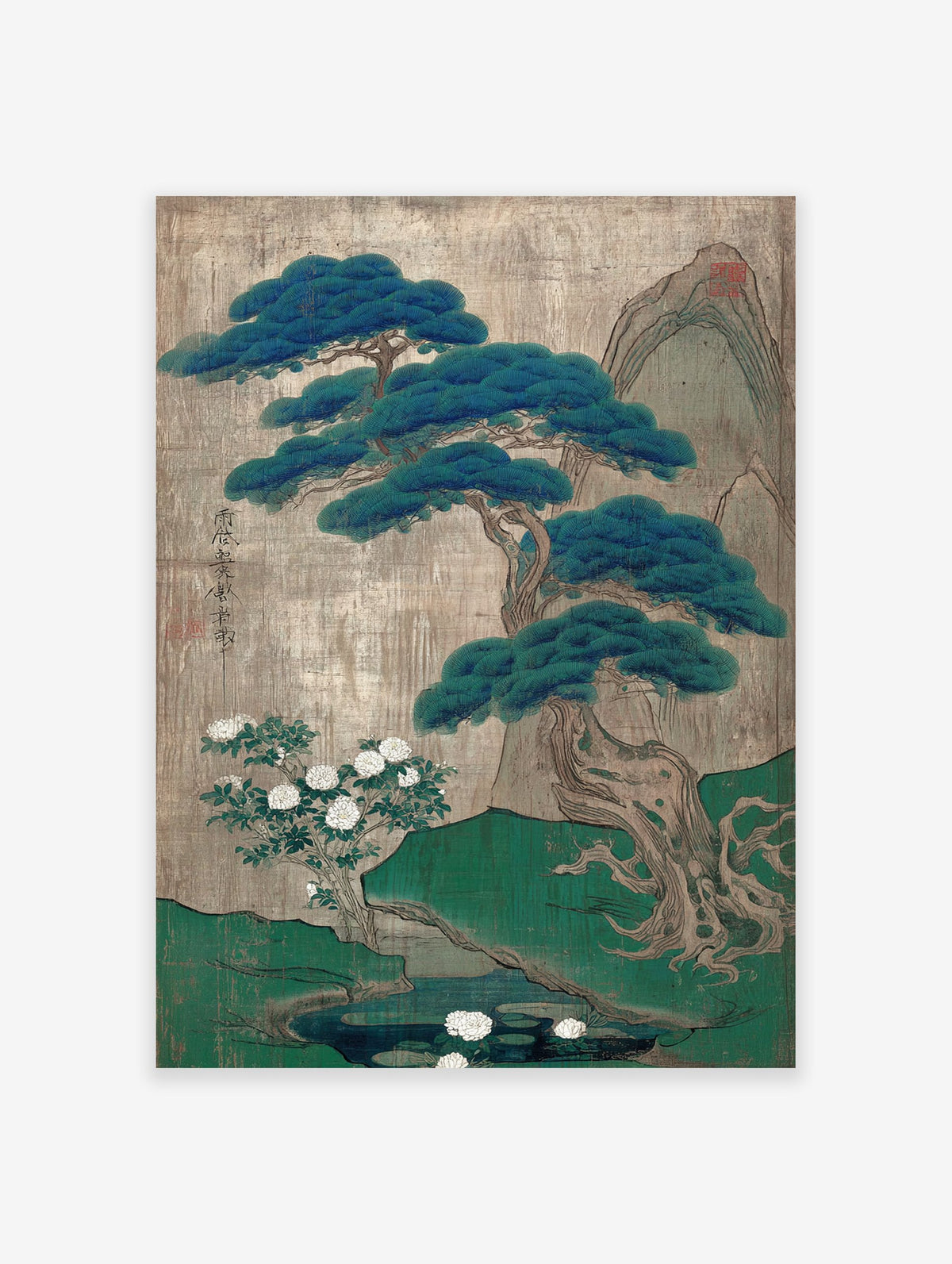 Traditional Japanese pine tree botanical landscape art print with white peonies, pond, and mountains on a textured background.