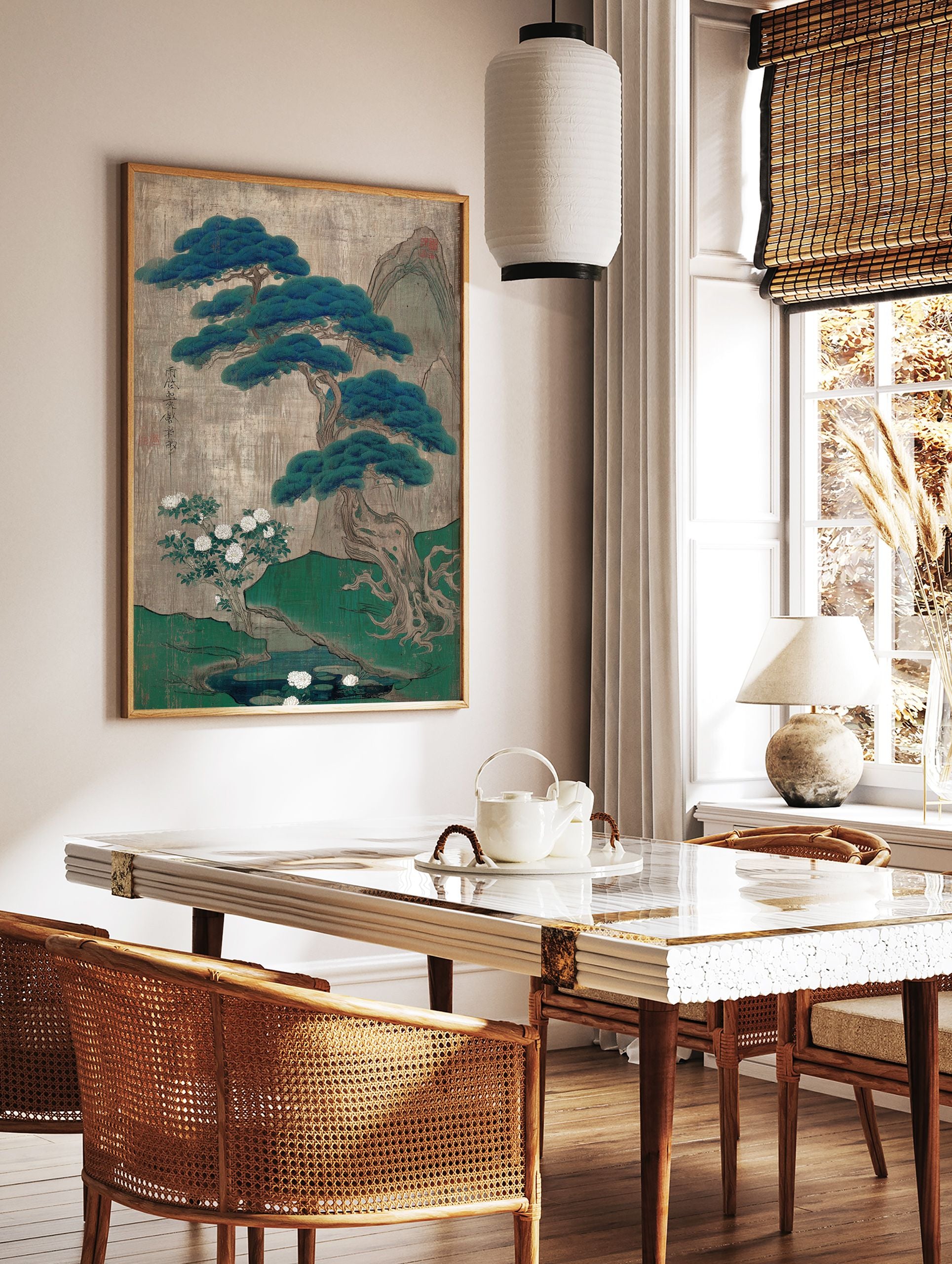 Traditional Japanese pine tree botanical landscape art print with white peonies, pond, and mountains on a textured background. - Image 2