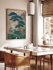 Traditional Japanese pine tree botanical landscape art print with white peonies, pond, and mountains on a textured background. - Image 2