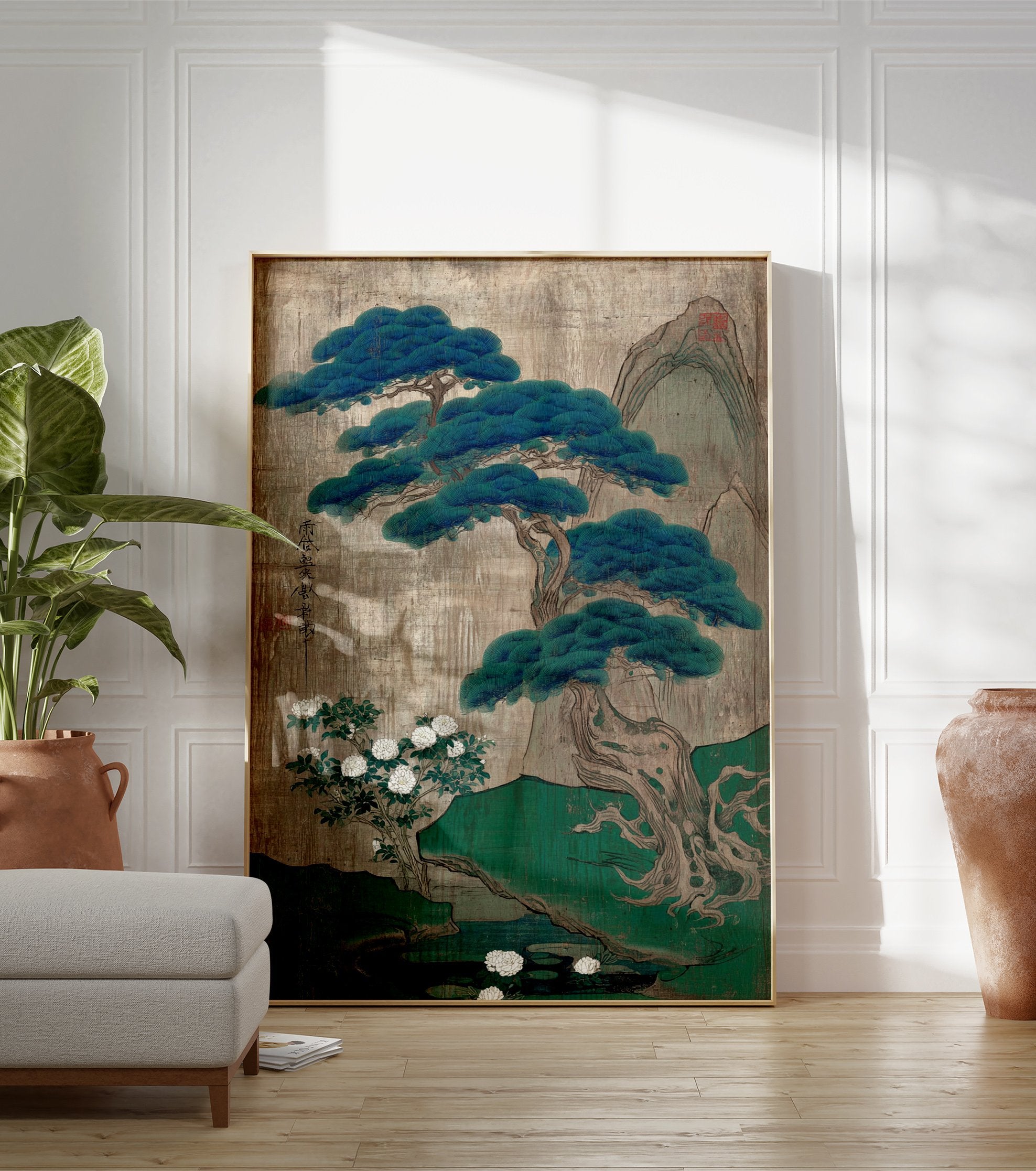 Traditional Japanese pine tree botanical landscape art print with white peonies, pond, and mountains on a textured background. - Image 3