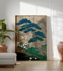 Traditional Japanese pine tree botanical landscape art print with white peonies, pond, and mountains on a textured background. - Image 3